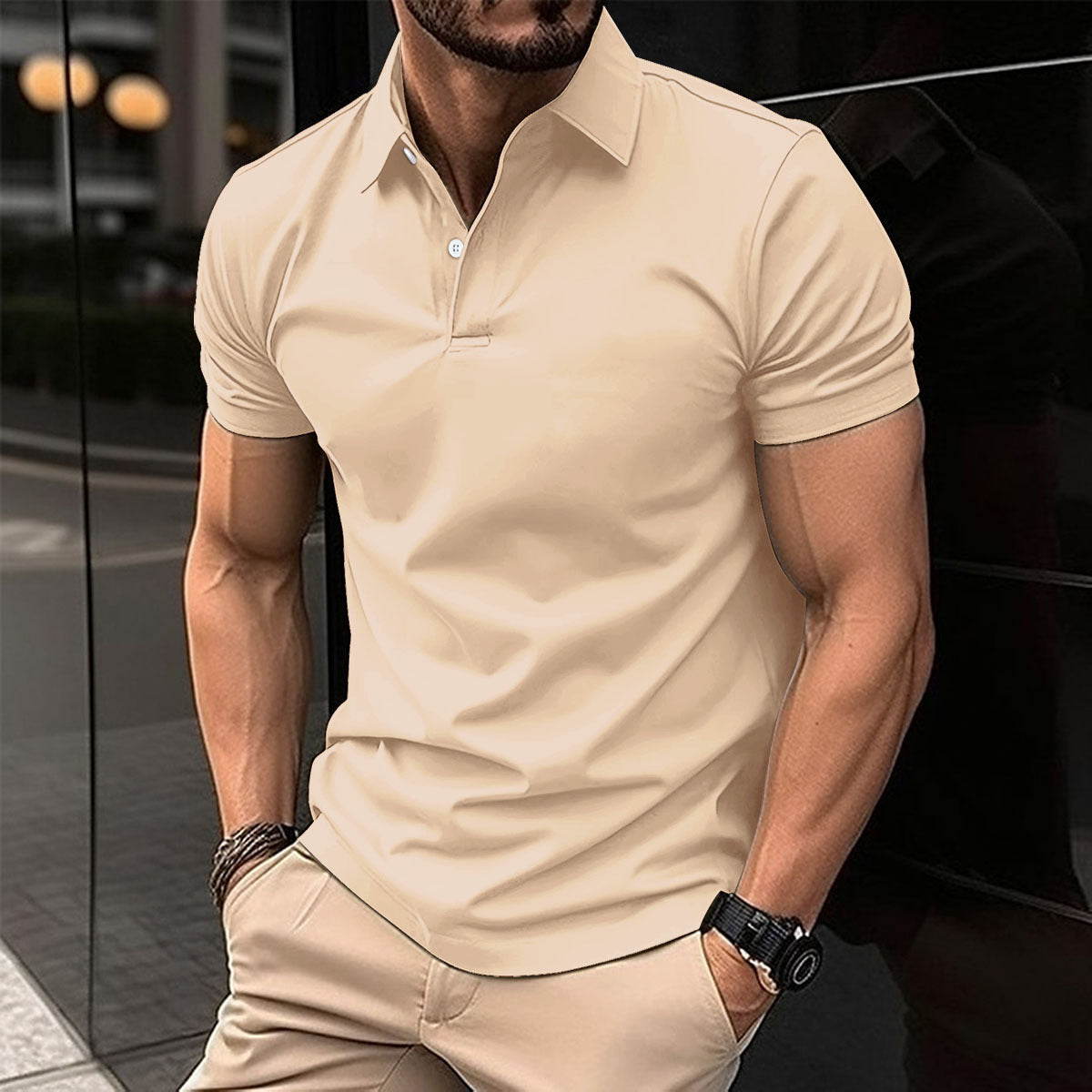 Men’s Summer Short Sleeve Polo Shirt – Solid Color Button-Down Lapel Top