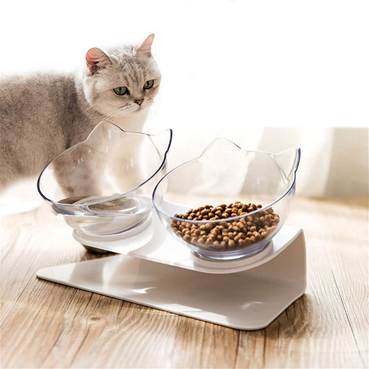 Non-Slip Double Cat & Dog Bowl with Raised Stand – Transparent Pet Feeder for Healthy Eating & Cervical Protection