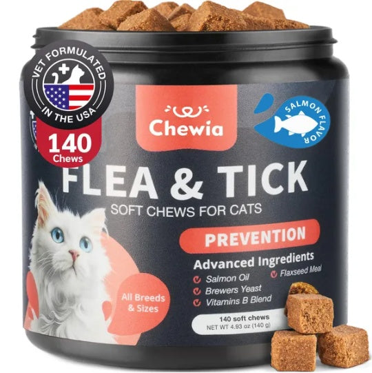Cat Flea & Tick Chews – Daily Salmon-Flavored Soft Treats for All Breeds & Ages