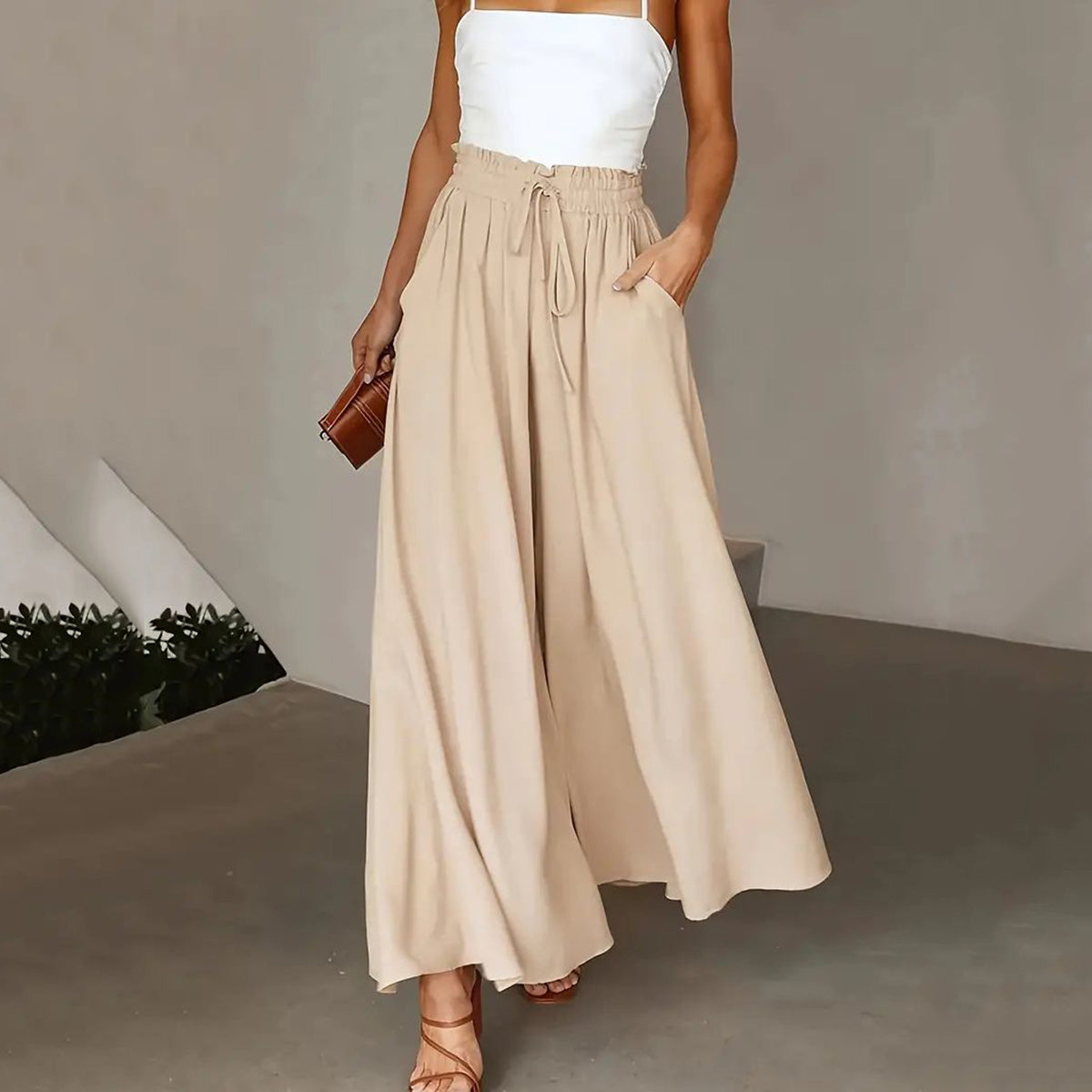 Women’s Plus Size Wide Leg Pants with Paper Bag Waist