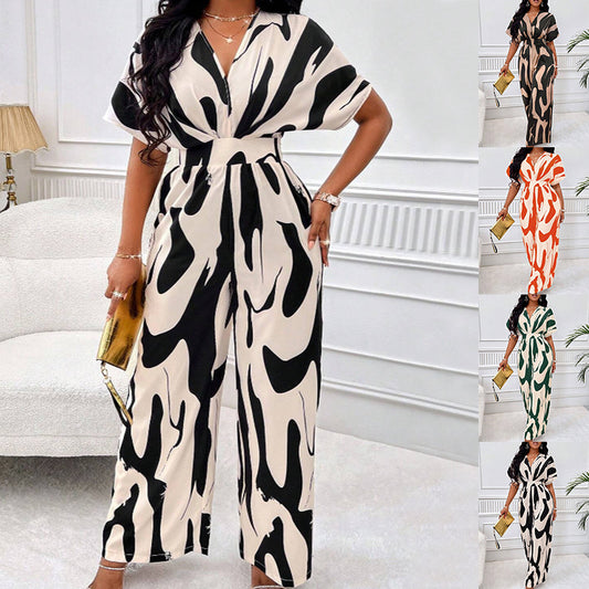 Women’s V-Neck Loose Printed Long Jumpsuit