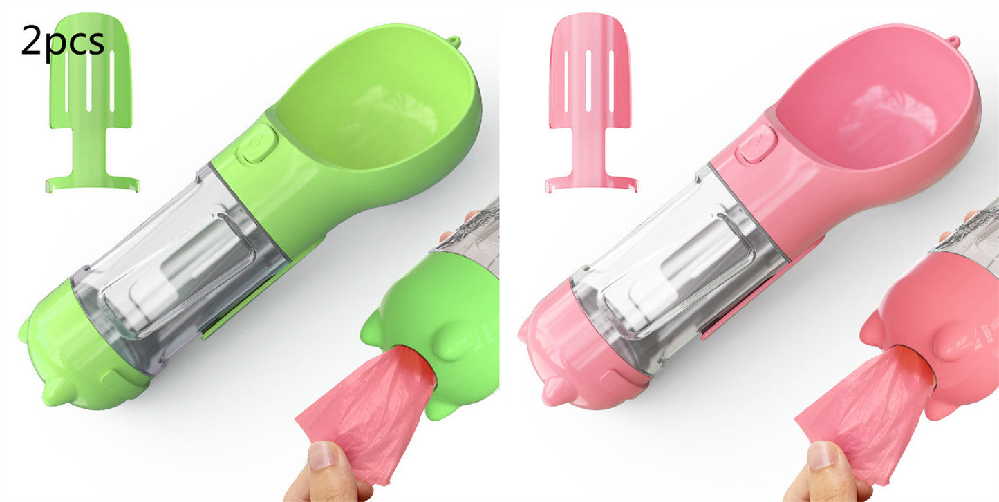 3-in-1 Dog & Cat Water Bottle – Portable Feeder, Bowl & Garbage Bag Dispenser for Travel
