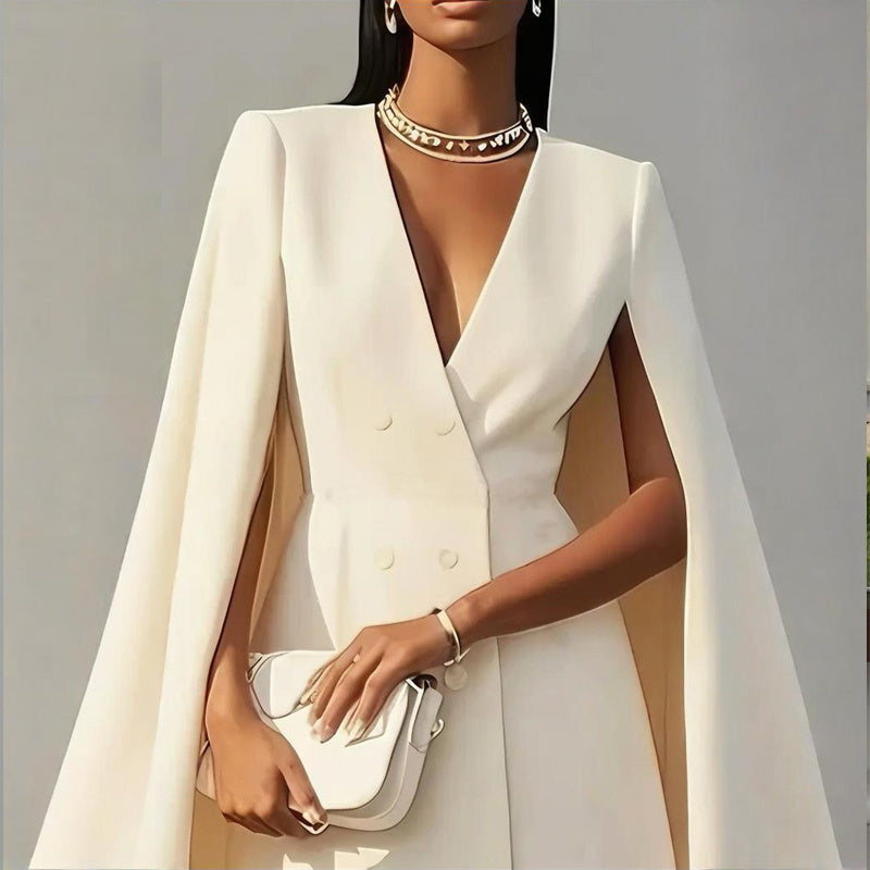 Women’s Elegant V-Neck Double-Breasted Cape Blazer Dress