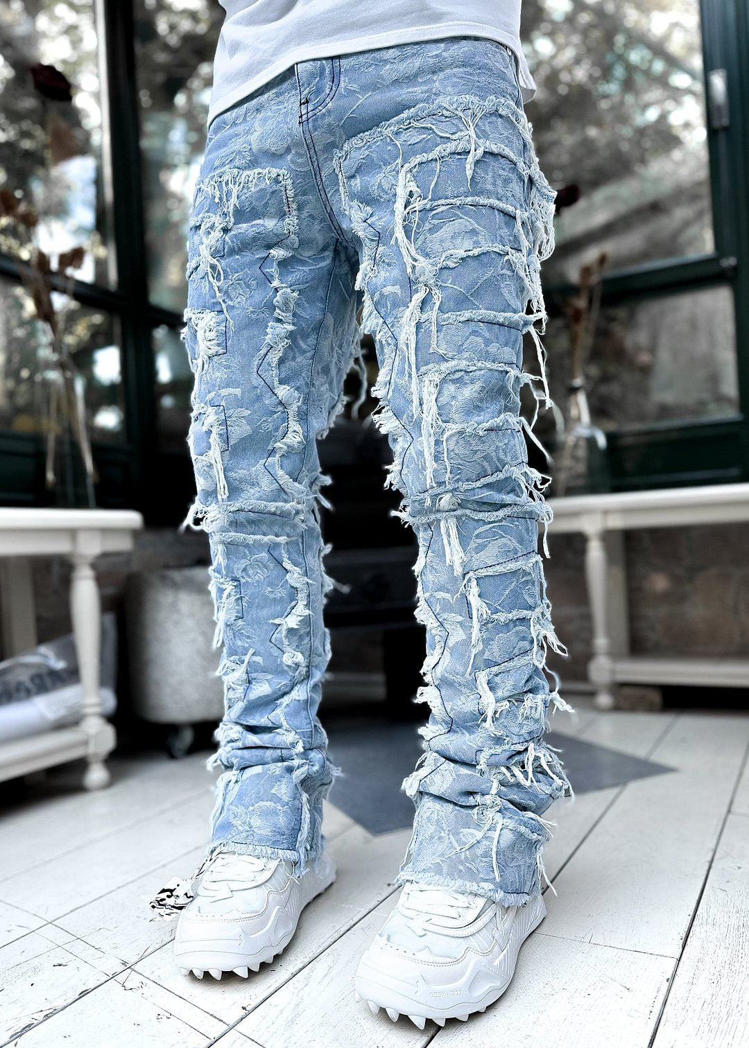 Men’s Stacked Jeans – Slim Fit Patched Denim Trousers