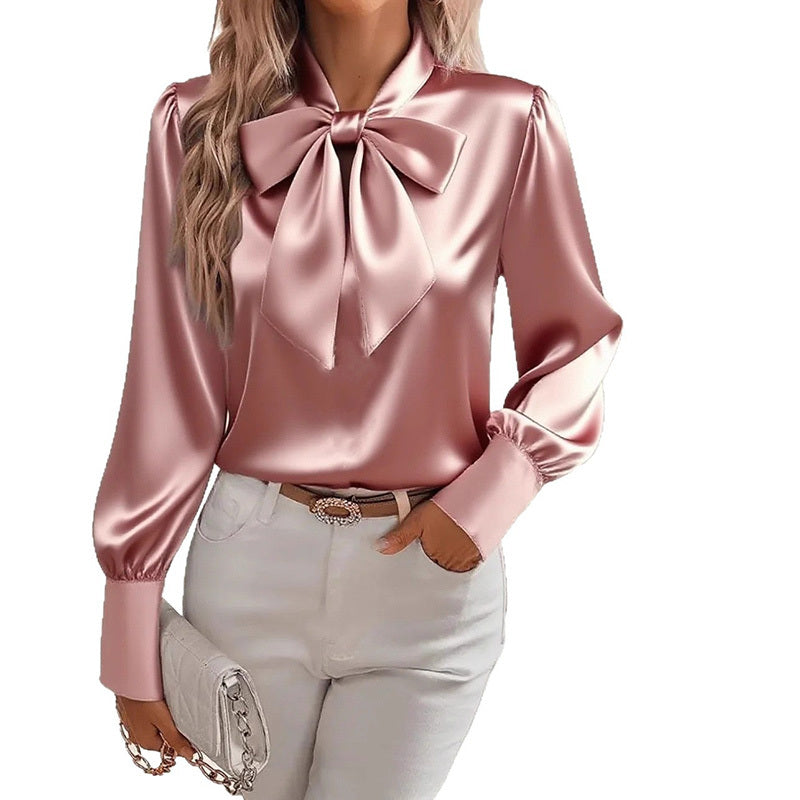 Women’s Satin Bow Blouse – Long Sleeve