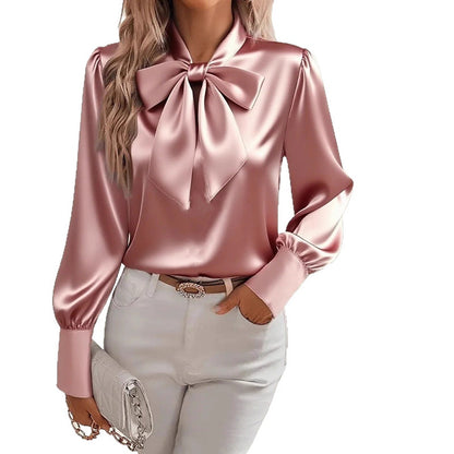 Women’s Satin Bow Blouse – Long Sleeve