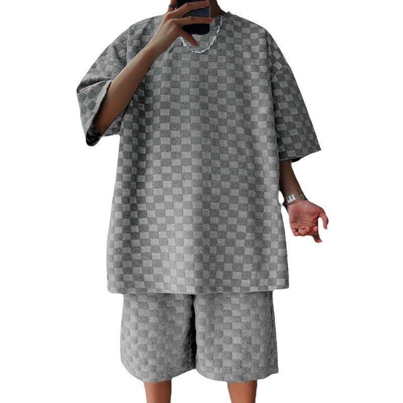 Men’s Jacquard Plaid Casual Shorts Suit – Loose Straight Fit