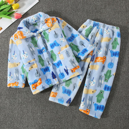 Boys’ & Girls’ Flannel Homewear – Kawaii Cartoon Animal Pajamas