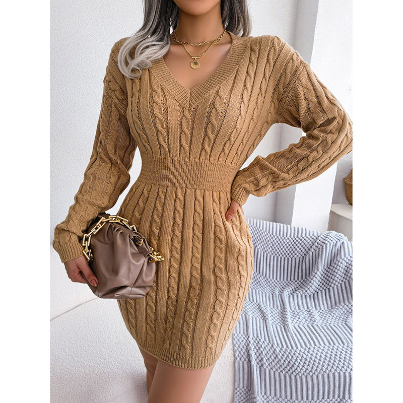 Women’s 2025 Fall Winter V-Neck Knit Sweater Dress