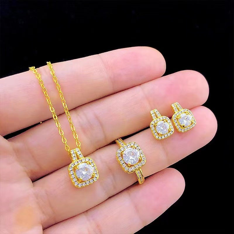 Zircon Pendant Necklace & Stud Earrings – Gold Jewelry Set