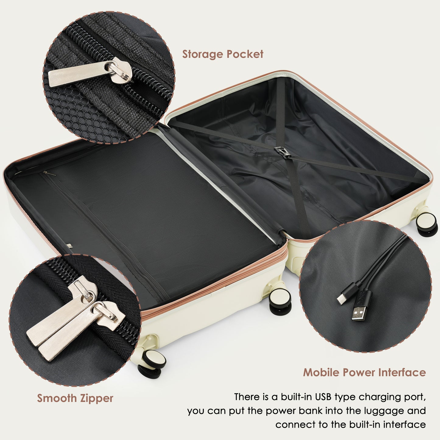 4-Piece Luggage Set with USB Port & Spinner Wheels – Beige