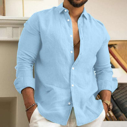 Men’s Linen Button-Up Shirt Summer Beach Solid Color