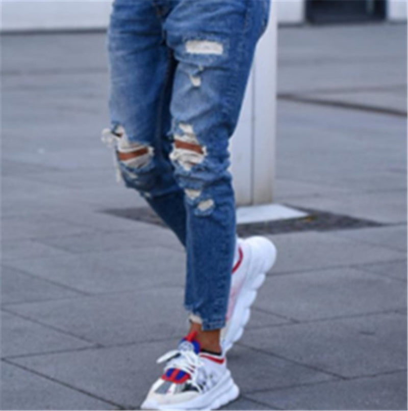 Men’s Hole Ripped Jeans – Casual Denim Pants