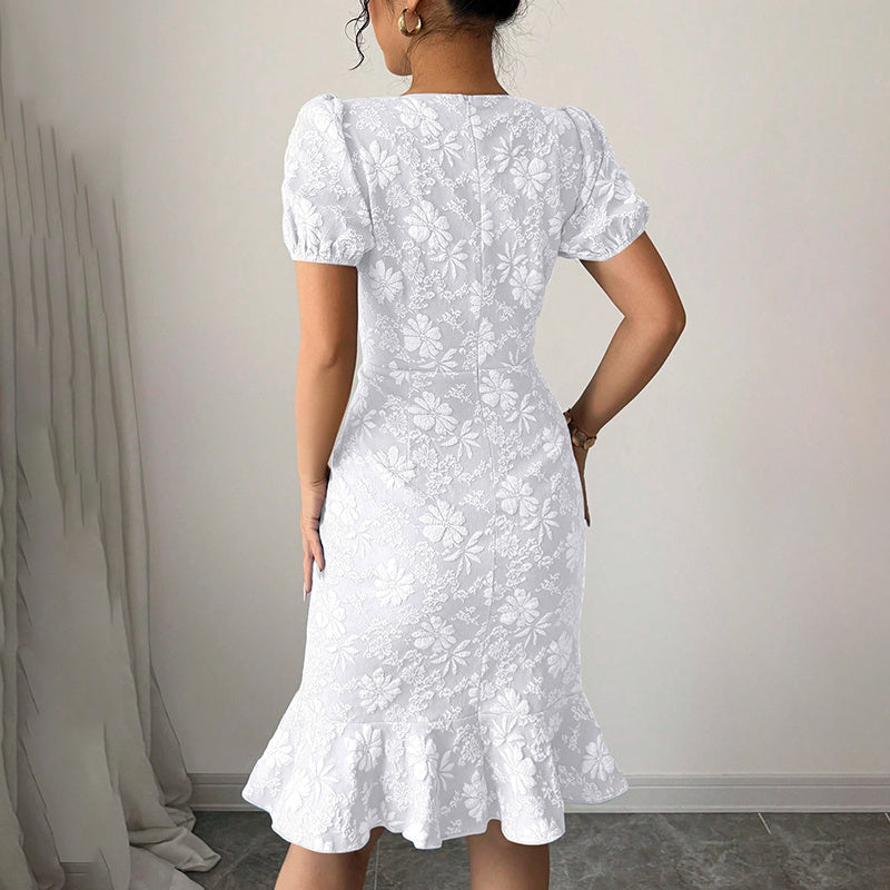 Women’s Floral Jacquard Puff Sleeve Bodycon Dress