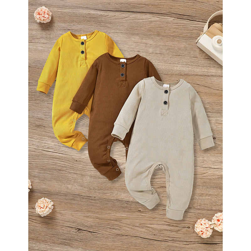 3-Pack Newborn Baby Long Sleeve Ribbed Rompers