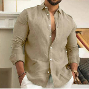 Men’s Linen Button-Up Shirt Summer Beach Solid Color