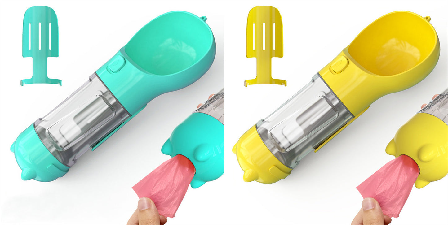 3-in-1 Dog & Cat Water Bottle – Portable Feeder, Bowl & Garbage Bag Dispenser for Travel