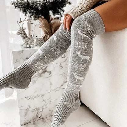Women's Christmas Over-the-Knee Socks – Warm Knitted Elk & Snowflake Design