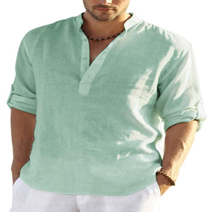 Men’s Cotton Linen Shirt – Casual Long Sleeve with Stand Collar