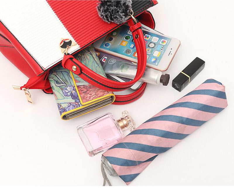 Women Patchwork Handbag with Hairball Ornament – Tote, Party & Crossbody Bag