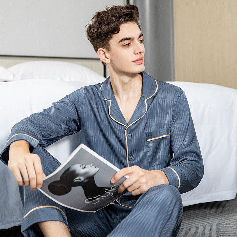 Men’s Ice Silk Pajamas Set – Long Sleeve & Trousers Nightwear