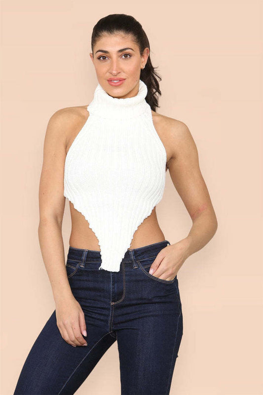 Women’s High Neck Backless Cropped Knitted Top