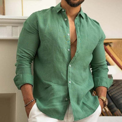 Men’s Linen Button-Up Shirt Summer Beach Solid Color