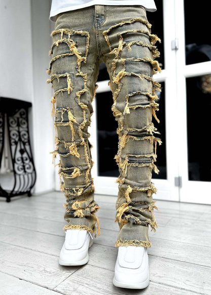 Men’s Stacked Jeans – Slim Fit Patched Denim Trousers