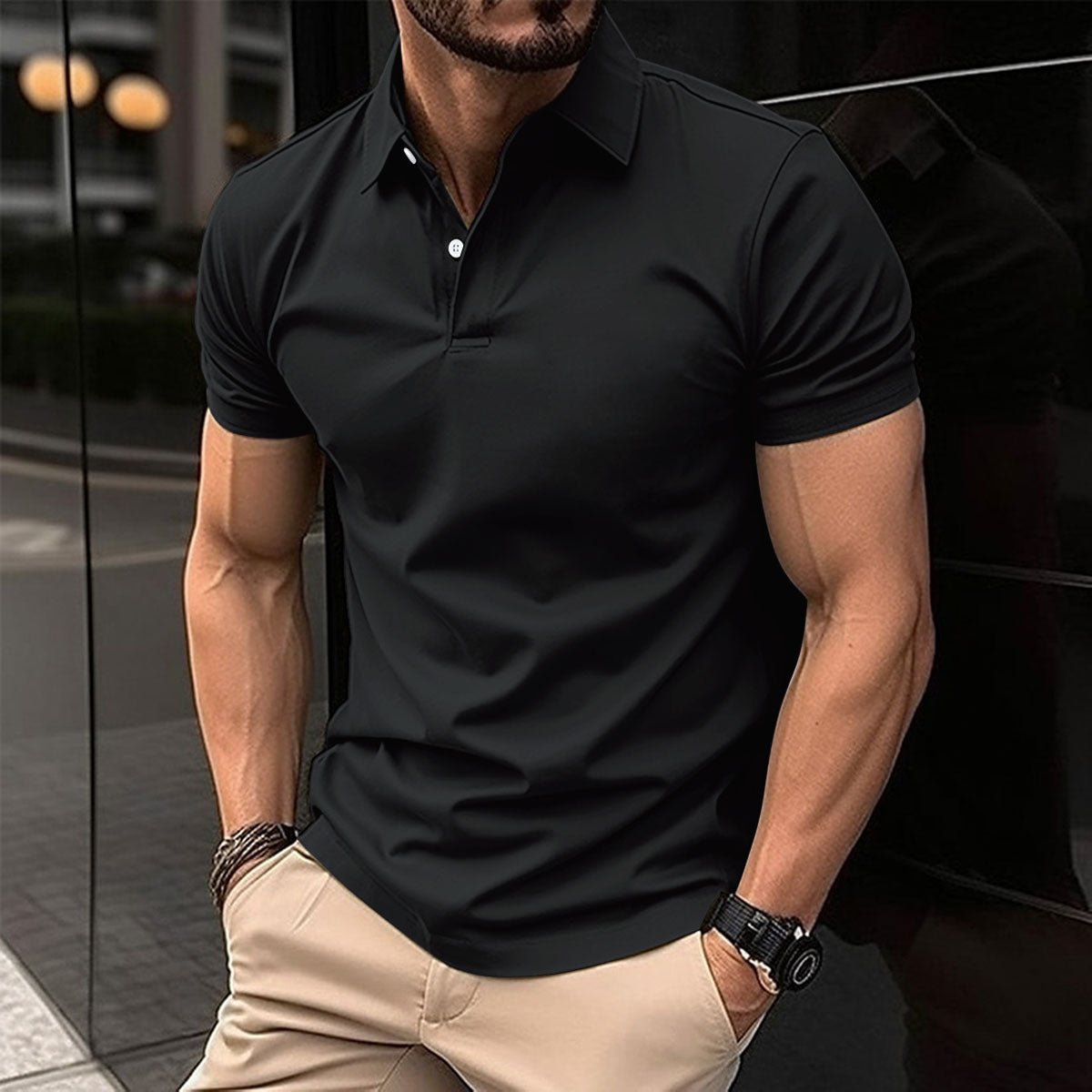 Men’s Summer Short Sleeve Polo Shirt – Solid Color Button-Down Lapel Top