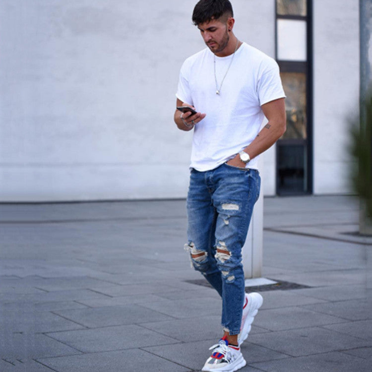 Men’s Hole Ripped Jeans – Casual Denim Pants