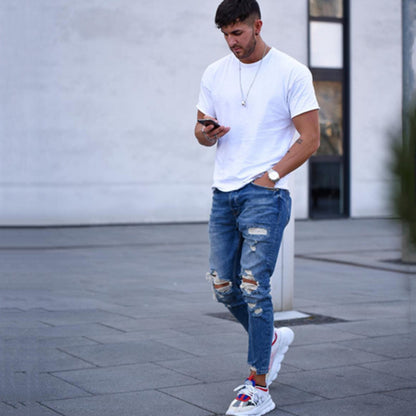 Men’s Hole Ripped Jeans – Casual Denim Pants