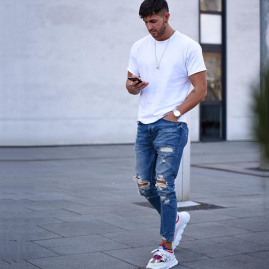 Men’s Hole Ripped Jeans – Casual Denim Pants