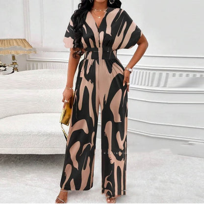 Women’s V-Neck Loose Printed Long Jumpsuit