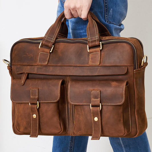 Men’s Retro Cowhide Leather Laptop Briefcase – 15.6" Business Bag