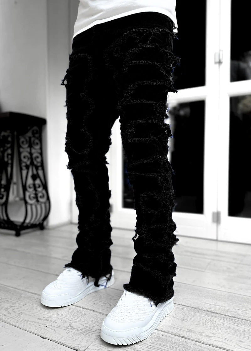 Men’s Stacked Jeans – Slim Fit Patched Denim Trousers