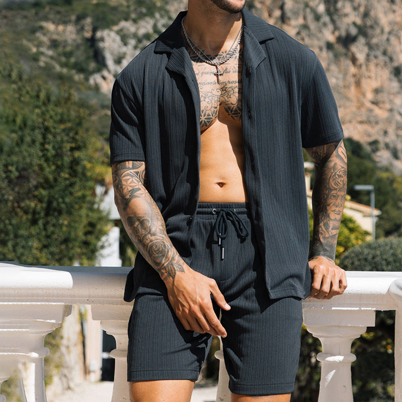 Men’s 2-Piece Summer Set – Short Sleeve Lapel Shirt & Shorts, Beach Style Streetwear