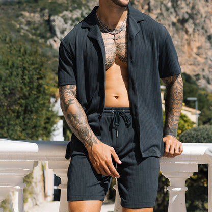 Men’s 2-Piece Summer Set – Short Sleeve Lapel Shirt & Shorts, Beach Style Streetwear