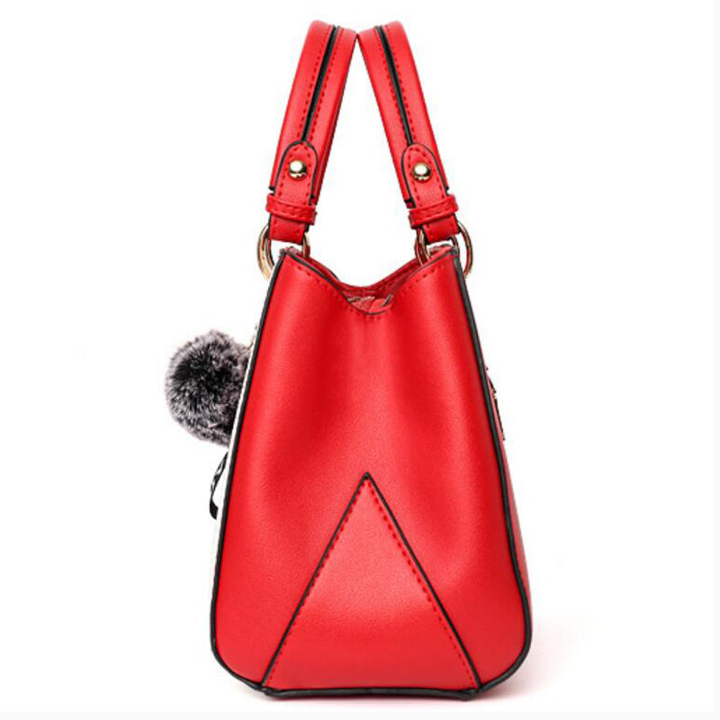 Women Patchwork Handbag with Hairball Ornament – Tote, Party & Crossbody Bag