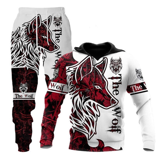 Men’s 3D Wolf Print Tracksuit – Hooded Jogging Set