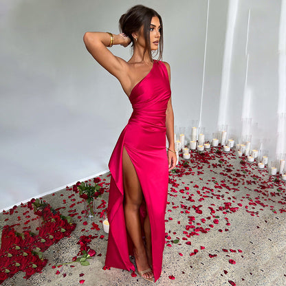 Women's Satin One-Shoulder Backless Slit Dress