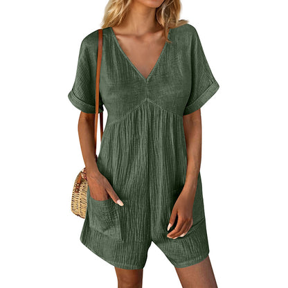Women’s Summer V-Neck Short Sleeve Romper with Pockets