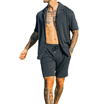 Men’s 2-Piece Summer Set – Short Sleeve Lapel Shirt & Shorts, Beach Style Streetwear