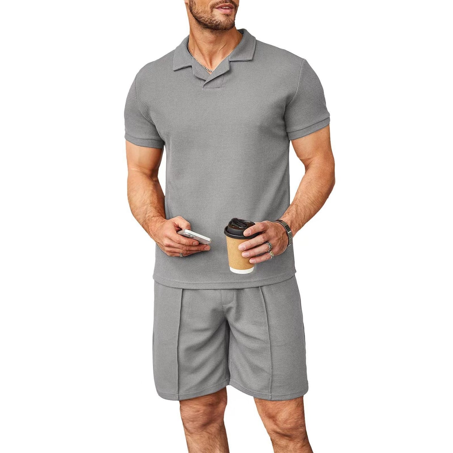 Men’s 2pcs Set V-Neck Polo & Shorts – Summer Casual
