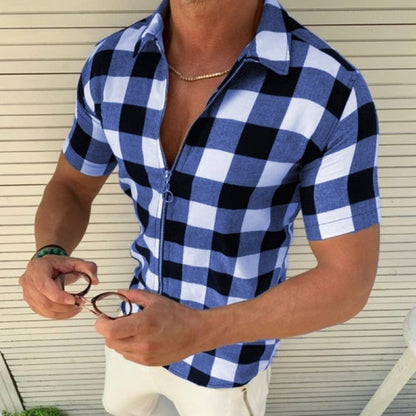 Men’s Plaid T-Shirt – Zipper Short Sleeve Summer Shirt
