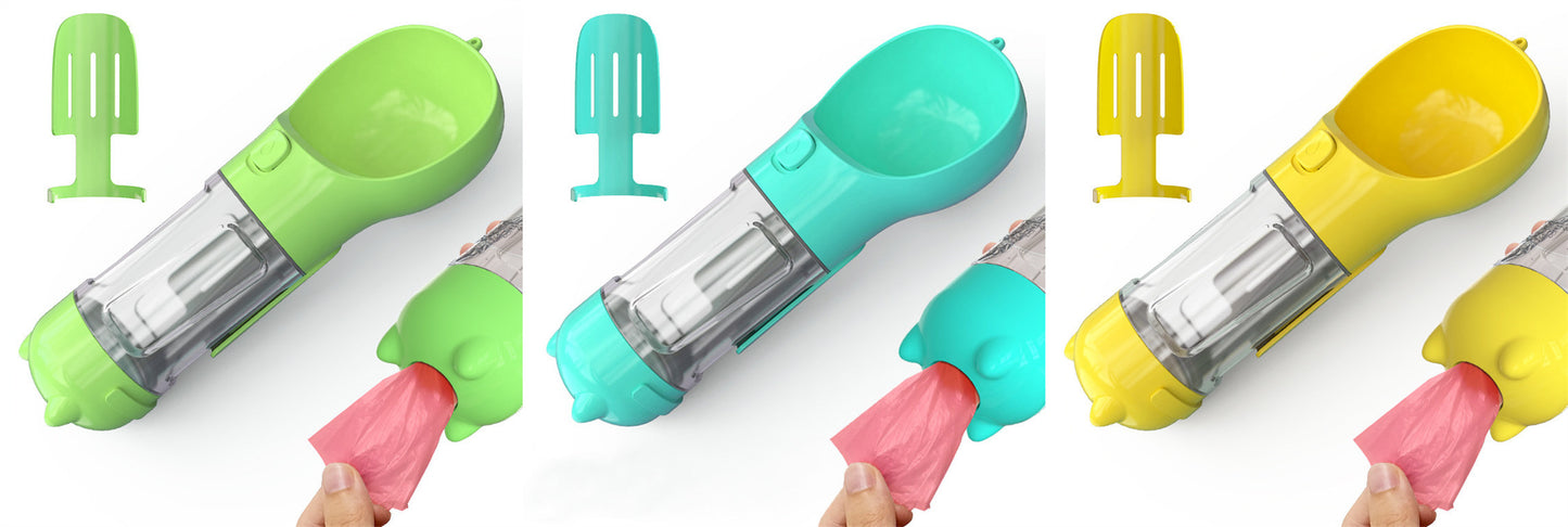 3-in-1 Dog & Cat Water Bottle – Portable Feeder, Bowl & Garbage Bag Dispenser for Travel