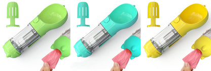3-in-1 Dog & Cat Water Bottle – Portable Feeder, Bowl & Garbage Bag Dispenser for Travel