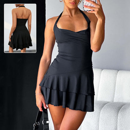 Women’s Slim Halter-Neck Ruffled Backless Dress