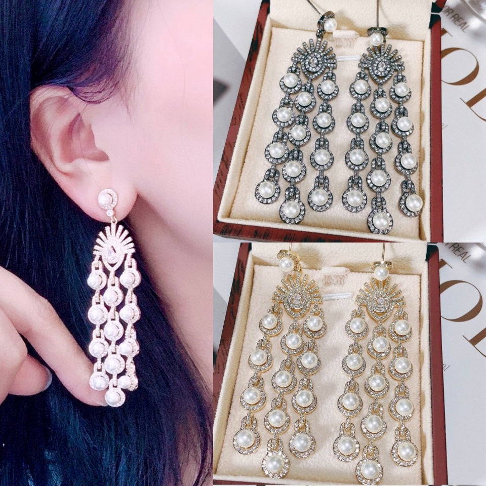 Micro Inlay Zircon Beaded Fringe Earrings