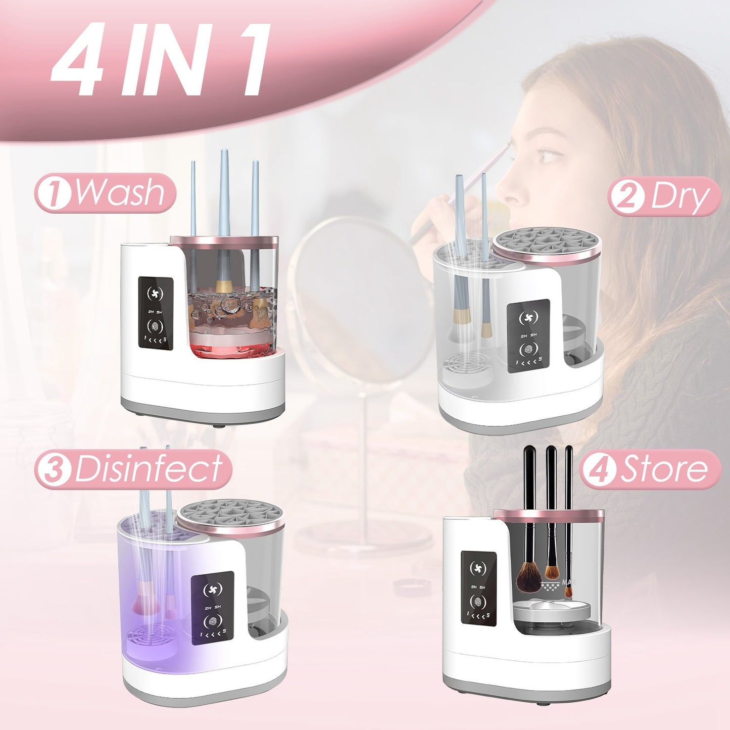 4-in-1 Electric Makeup Brush Cleaner with UV Disinfection & Storage