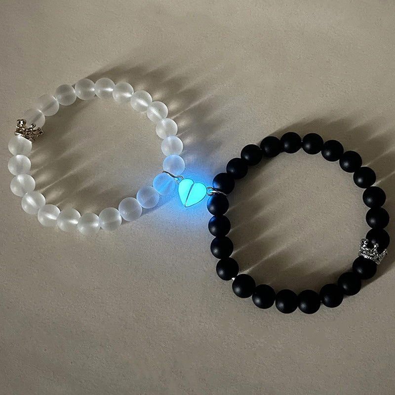 Glow-in-the-Dark Couple Bracelet – Handmade Crown & Heart Charms